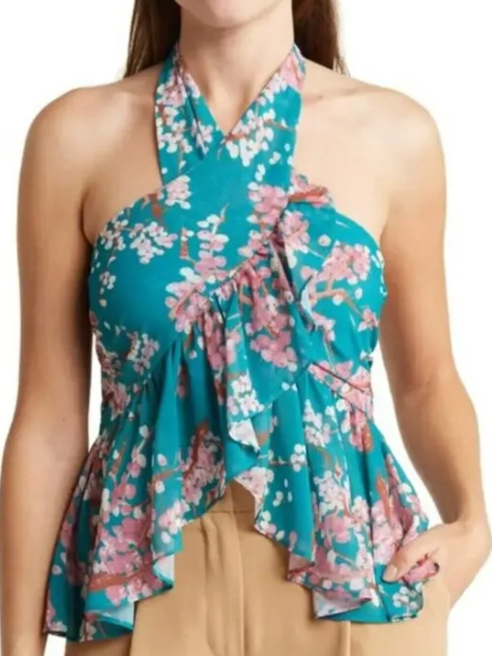 Lush Pink Teal Floral Halter Top S